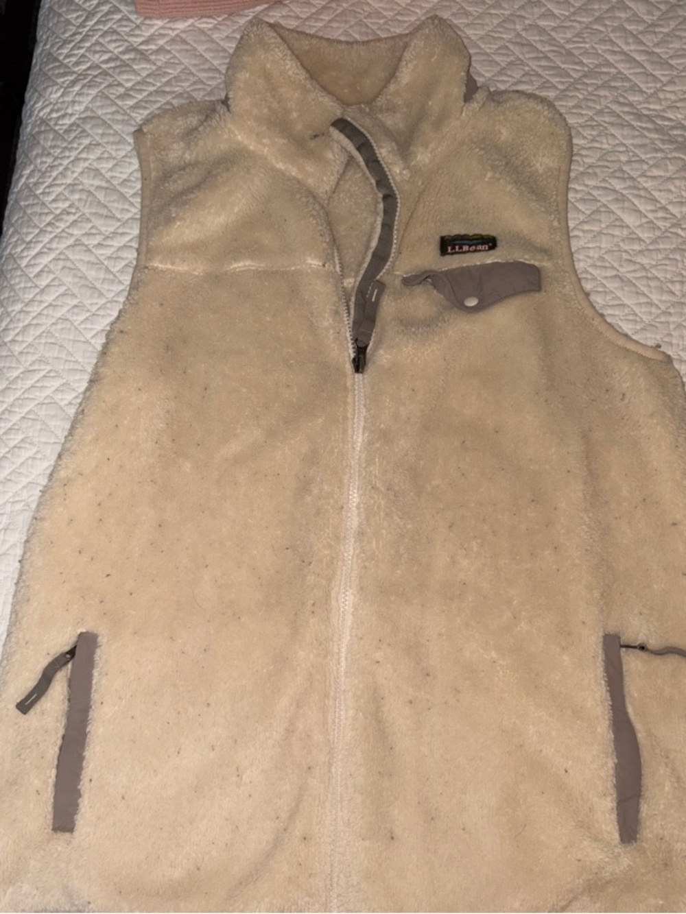 L.L. Bean Cream Fleece Zip-Front Vest with Taupe Trim